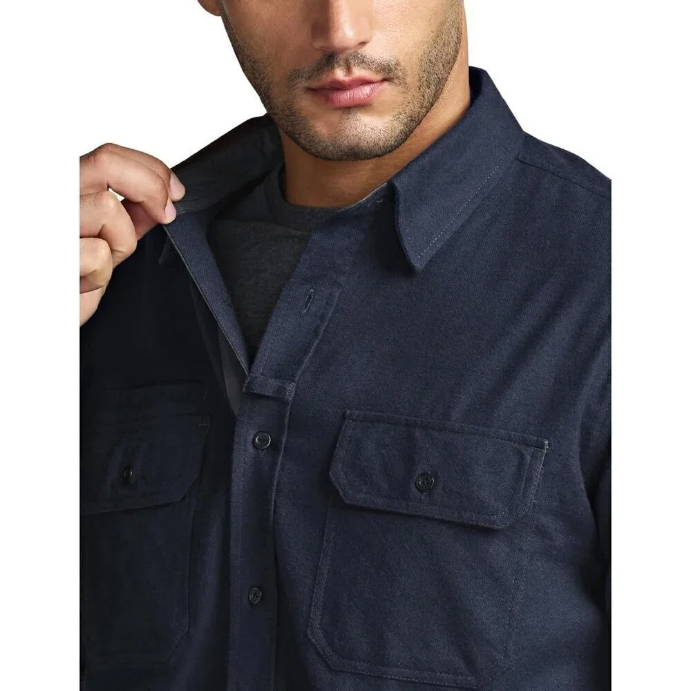 🆕Mens Solid Navy Cotton Flannel Shirt Long Sleeve Casual Outdoor Plaid